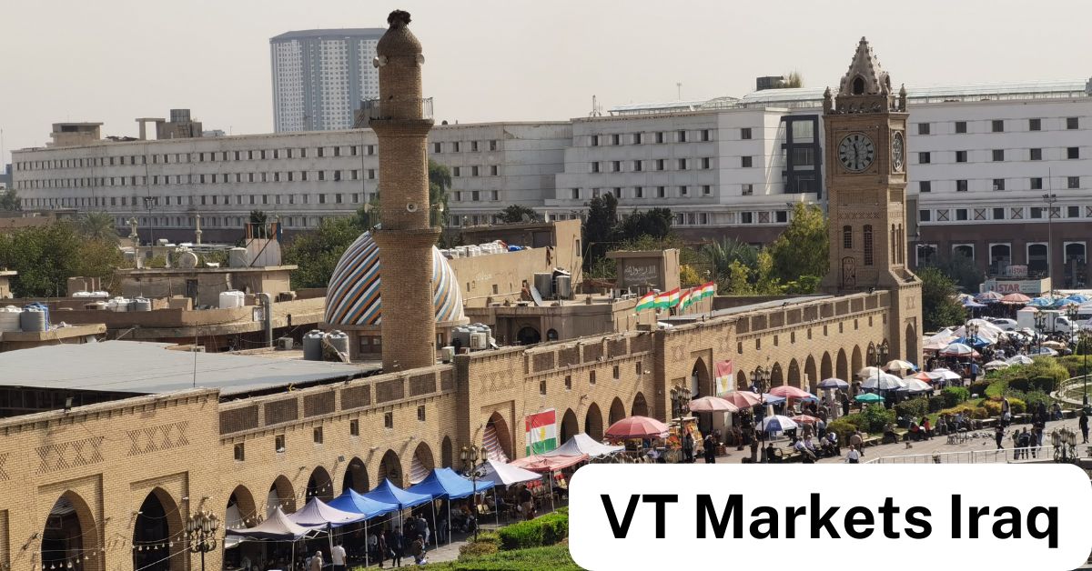View of a bustling market in Iraq with traditional architecture, colorful domes, and a clock tower, symbolizing the rich culture and trading environment of the region.